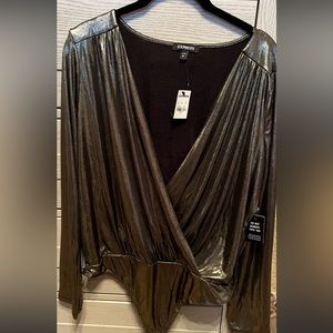 Express NWT Metallic Silver V-Neck Draped Stretchy Long Sleeved Soft Bodysuit L